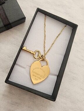 Stainless Steel Gold Heart Padlock Key Necklace